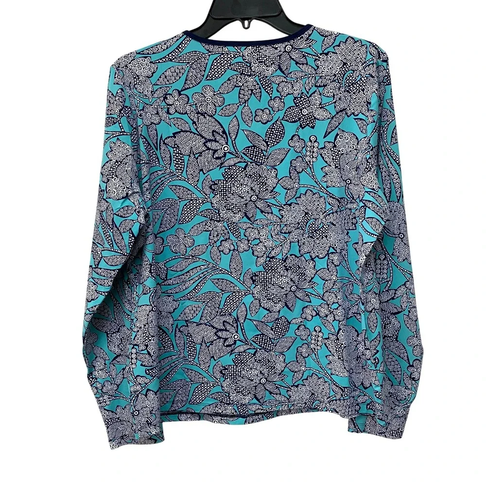 Lands' End L Floral Swim Shirt Rash Guard Long Sleeve Aqua Blue White Navy - Picture 6 of 9